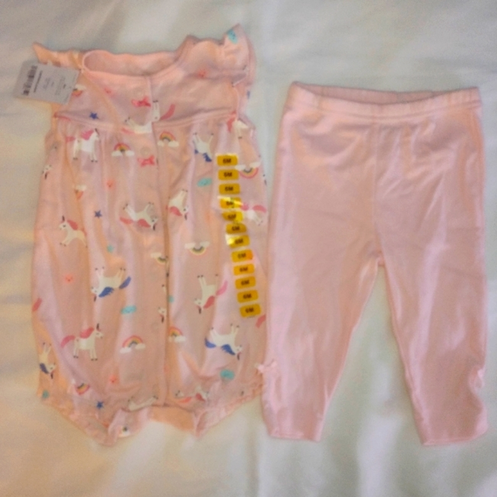 Carter's Baby Girl two piece romper pants Outfit-Size 6 Months pink unicorns one